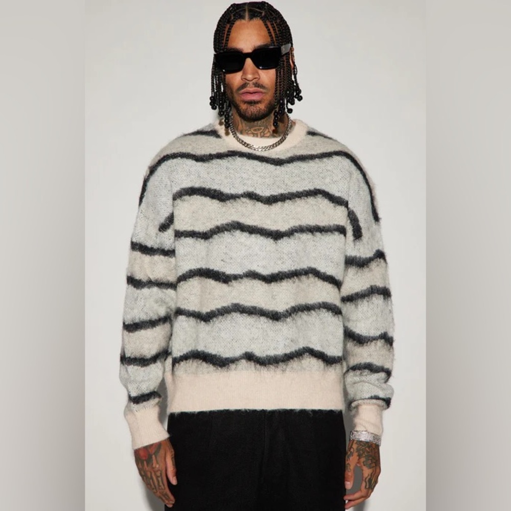 Men's Black and White Striped Sweater